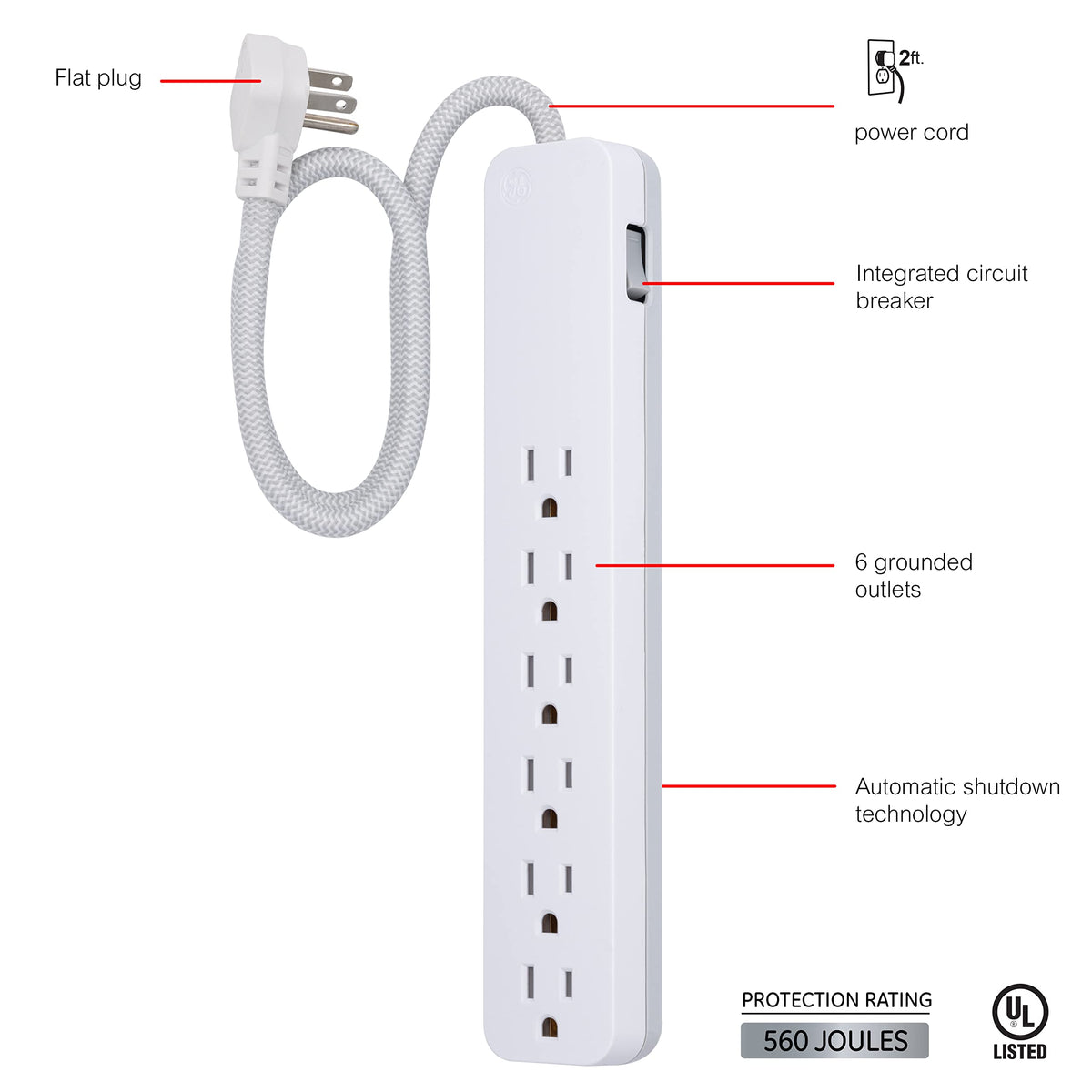 GE UltraPro 6 Outlet Surge Protector, 2 Ft Designer Braided Extension Cord, Flat Plug, Wall Mount, White, 45264