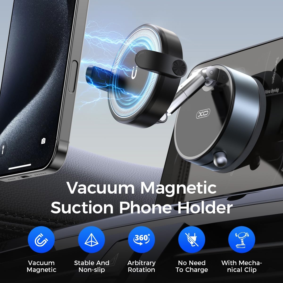 2-in-1 Clip & Vacuum Magnetic Suction Phone Holder,Upgraded 360° Adjustable Suction Cup Car Phone Mount,Hands-Free Cell Phone Holder for Car/Gym/Smooth Surface,Compatible with iPhone & Android Phones