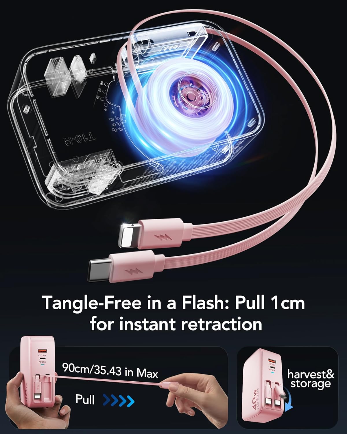 4-in-1 Retractable Gan Wall Charger Plug,Travel Essentials Brick Multiport USB Ports,3ft Lightening and Type c Cables,40W Multi Fast Charging Foldable Block for iPhone 16/15/14/13,iPad,Galaxy,Pixel