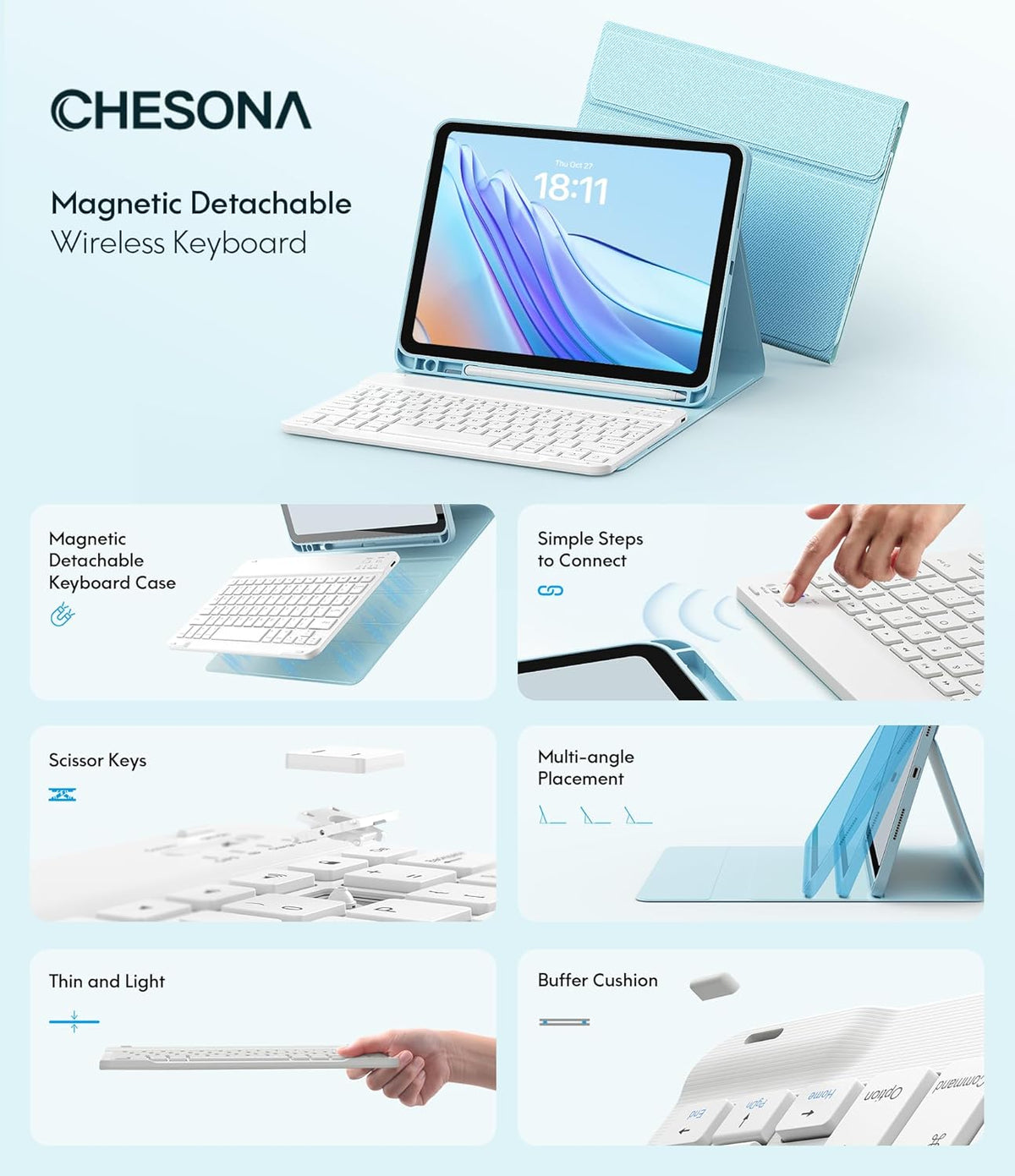 CHESONA Keyboard Case for iPad (A16) 11th/10th Generation (2025/2022), Detachable Wireless Keyboard, Stand Folio Keyboard Cover with Pencil Holder, Thin & Light (Blue)