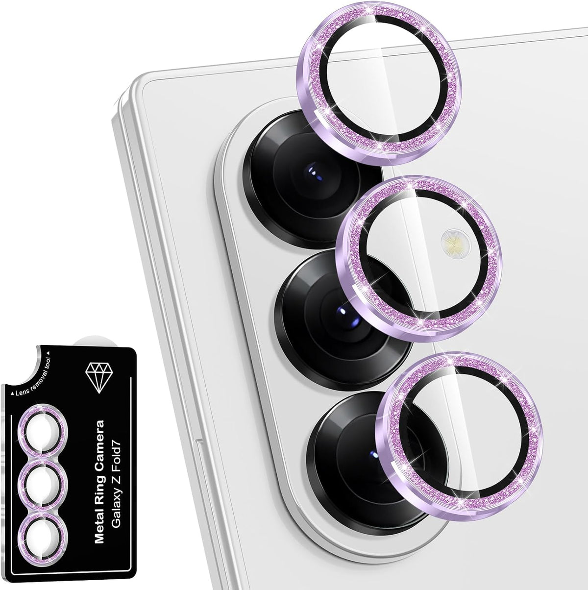 for Samsung Galaxy Z Fold 7 Camera Lens Protector, Individual Metal Ring Tempered Glass Lens Cover, [Strong Adsorption] Scratch Resistant Ultra-Thin HD Clear Lens Cover, 1 Set-Purple Sparkly