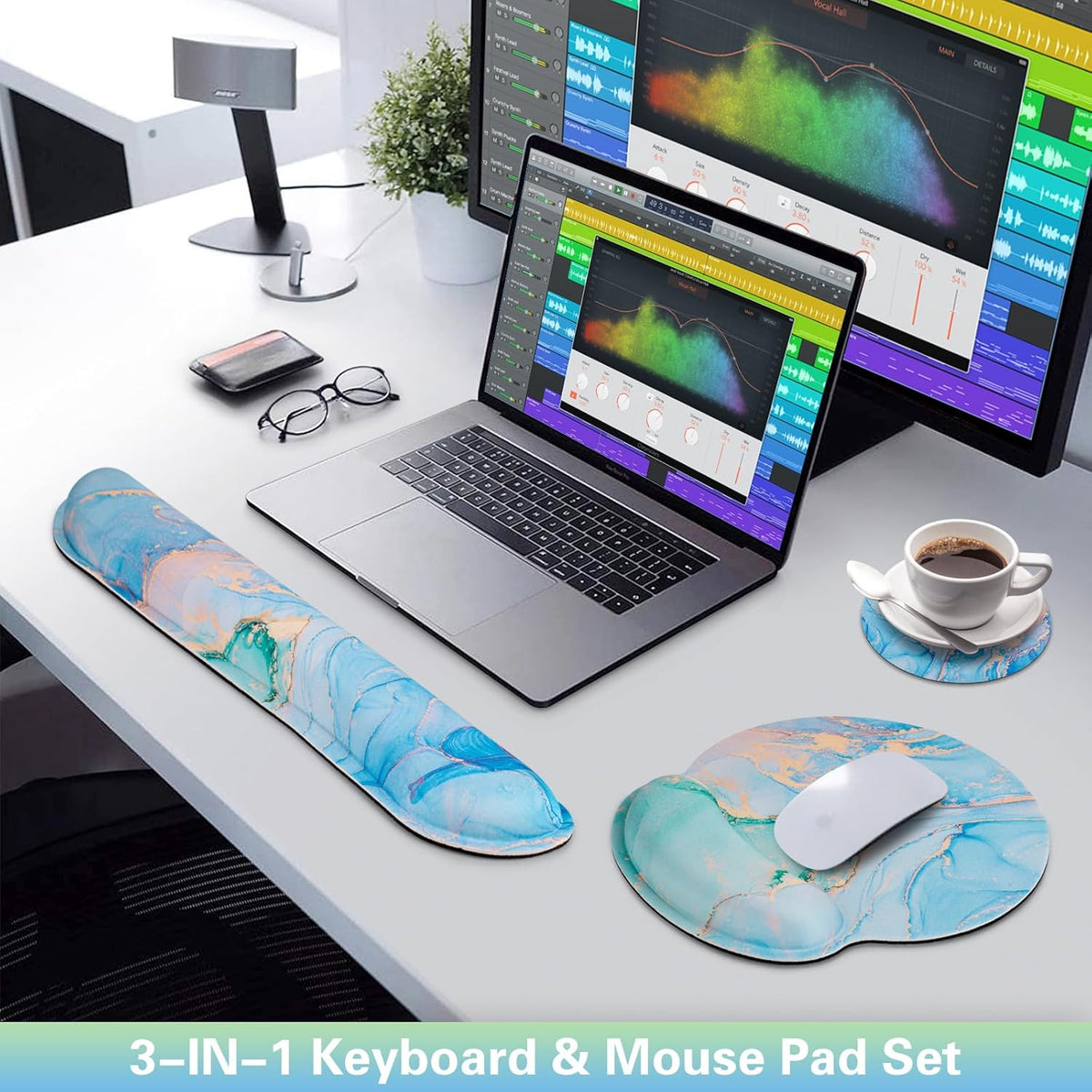 Mouse Pad with Wrist Rest Set, Qomolama 3-in-1 Wrist Rest for Keyboard and Mouse, Gaming Mousepad with Anti-Skid Base,Ergonomic Mouse Pad,Memory Foam Keyboard Gel Wrist Rest