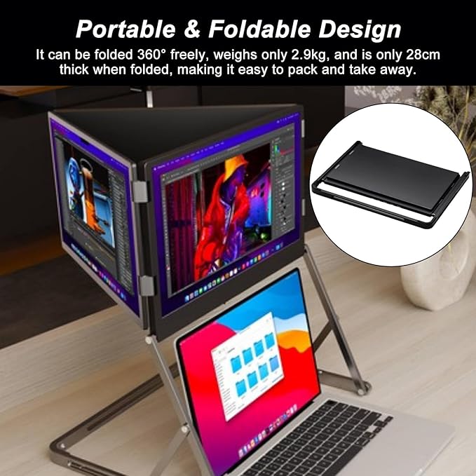 100% sRGB 1080P IPS Laptop Screen Extender Triple Monitor 15.6 Foldable Portable Display for Laptop Height Adjustable