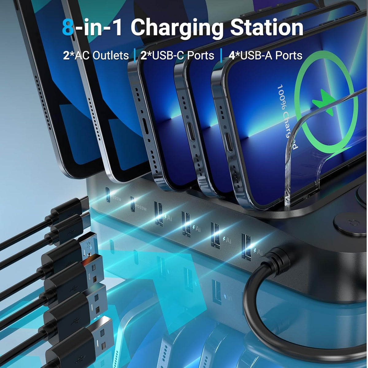 Catlyn Charging Station for Multiple Devices, 8 Port Charger Stations with 6 Mixed Charger Cables Organizer Dock,Compatible for Cell Phone,Tablet, Kindle, iPhone iPad for Family Home