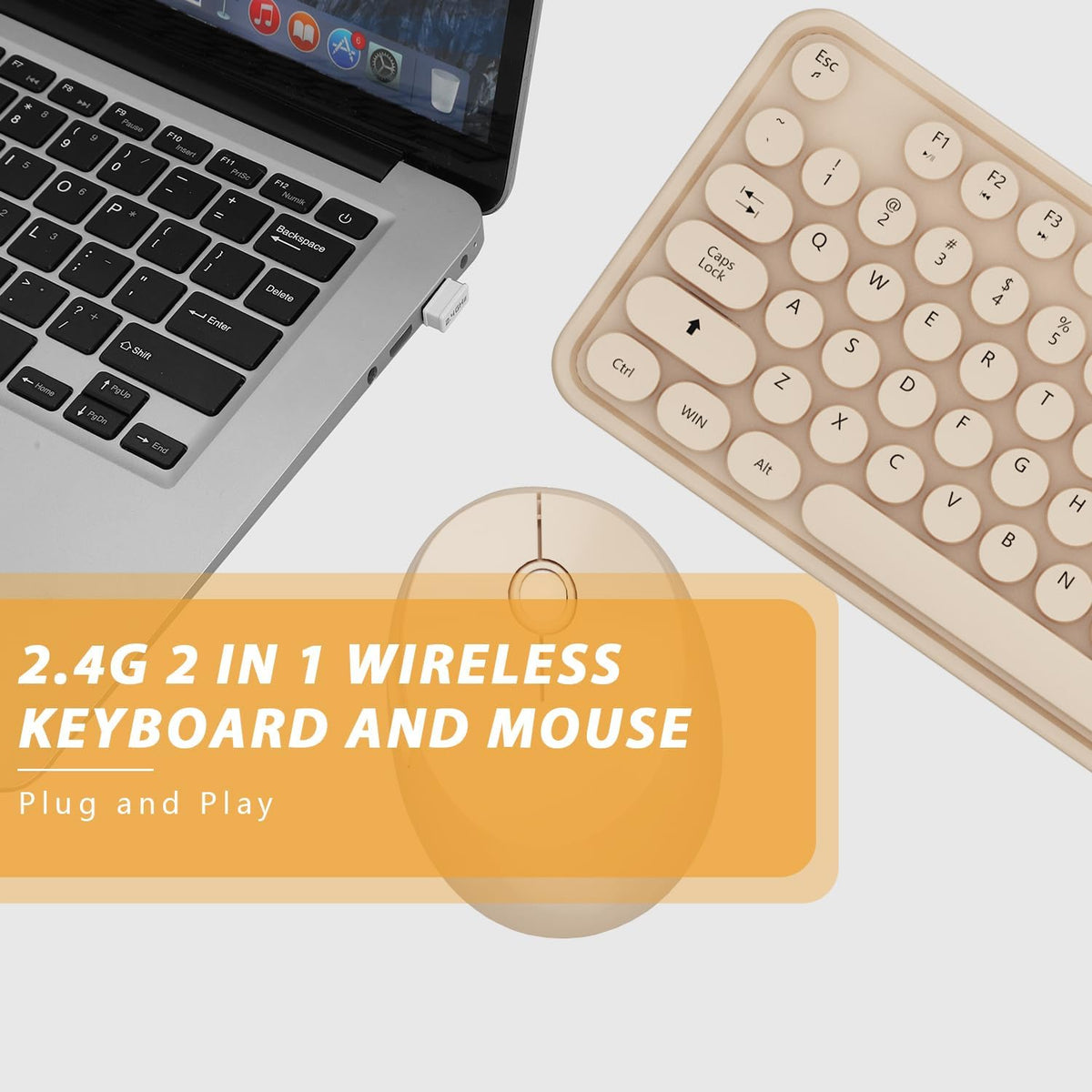 Wireless Keyboard and Mouse Combo, Cute Colorful 104 Keys Typewriter Retro Round Keycaps Keyboard for PC Laptop,Desktop,Windows, Home and Office Keyboards Coffee