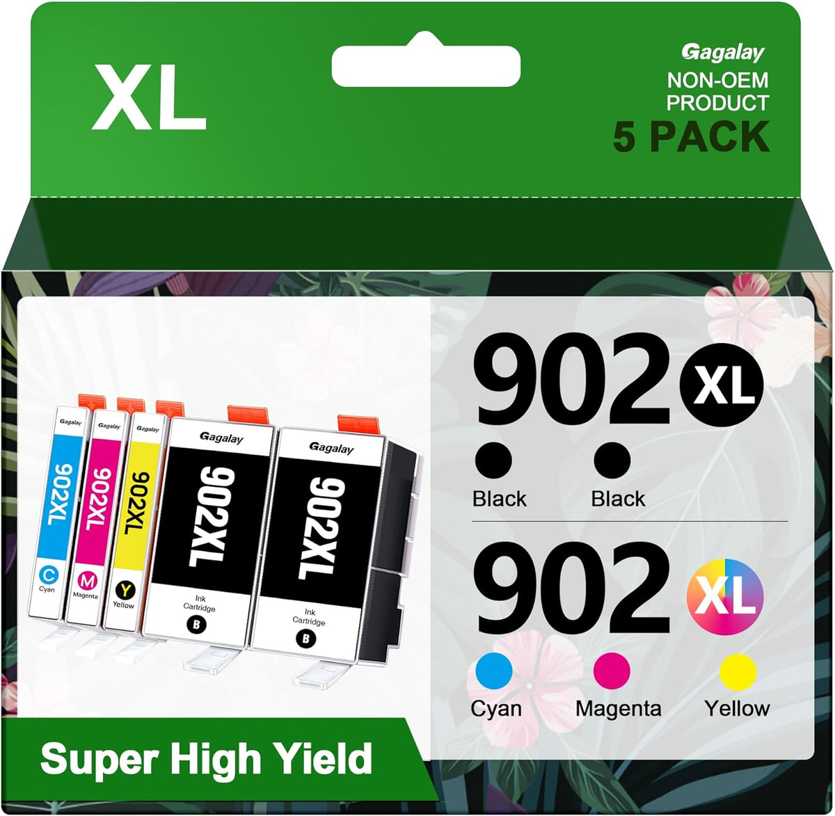 902XL Ink Cartridges for Printers 5 Pack Replacement for 902XL Ink Cartridges Combo Pack 902XL Works for 6958 6962 6950 Pro 6978 6968 6975 Printer T0A39AN, Cyan Magenta Yellow 2 Black