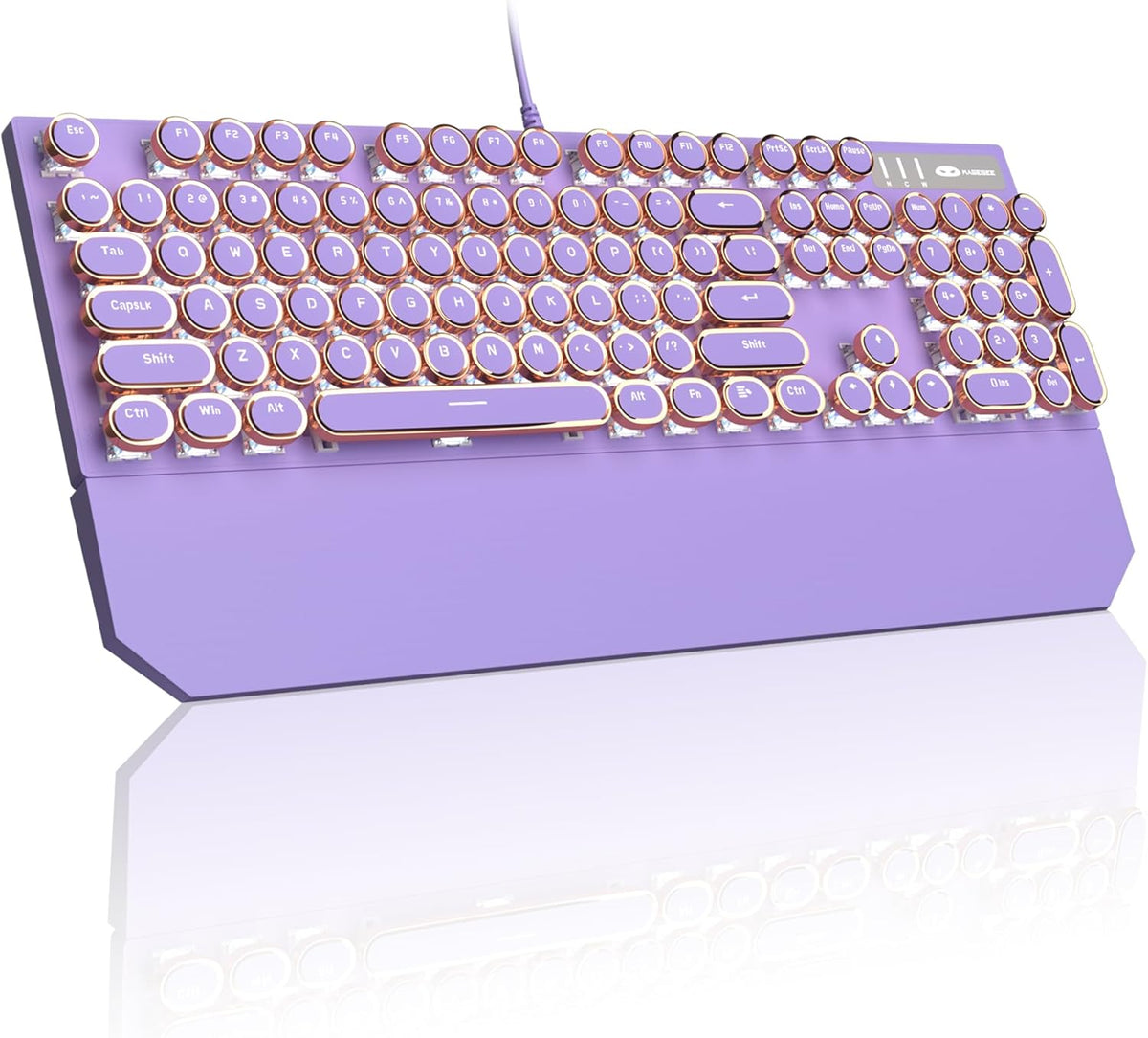 MageGee Typewriter Mechanical Gaming Keyboard, Retro Punk Purple Round Keycaps, 104 Keys LED White Backlit Wired Keyboards for Laptop MAC PC Gamer, with Magnetic Wrist Rest, Blue Switch