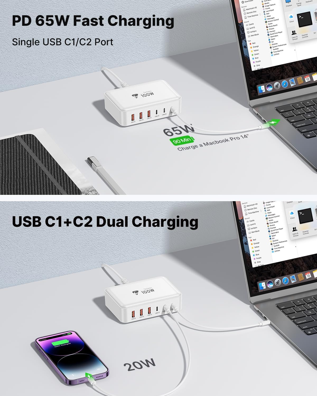 Aiminu USB C Charger Block Charging Station 6-Port 100W GaN USB C Fast Charging for Multiple Devices PD 3.0 Type C & USB A Wall Charger Power Adapter for All iPhone iPad Samsung Android Pixel Series