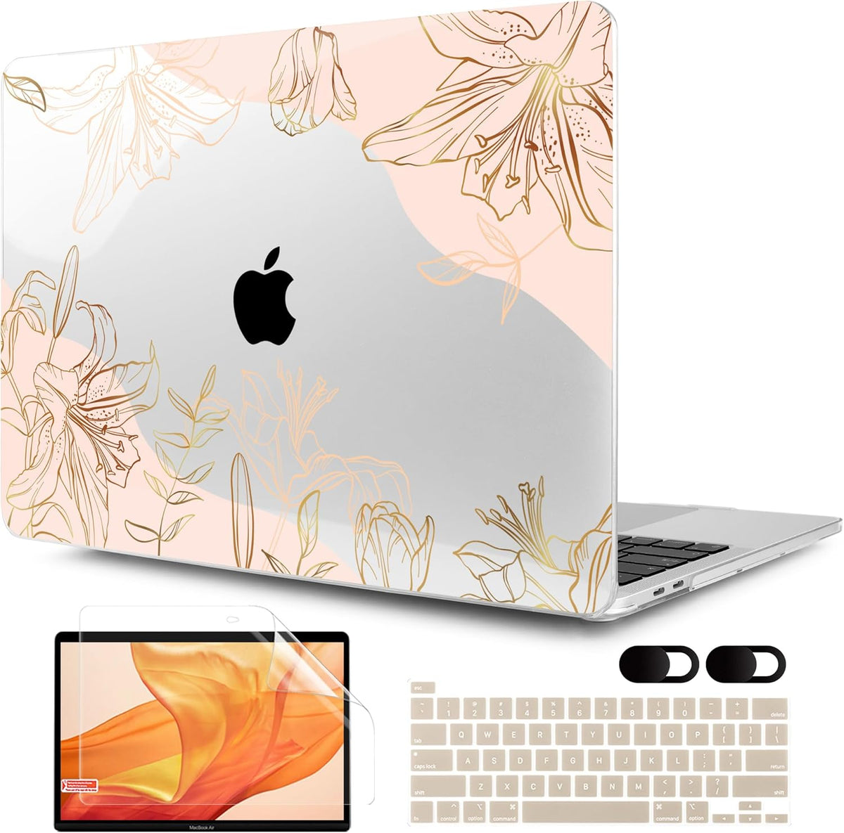 MEEgoodo Case for MacBook Pro 13 inch Case 2022 2021 2020 New A2338 M2/M1 A2251 A2289,Laptop Hard Shell Cases with Keyboard & Camera Cover Compatible with 13.3 inch MacBook Pro, Gold Flowers Lilies