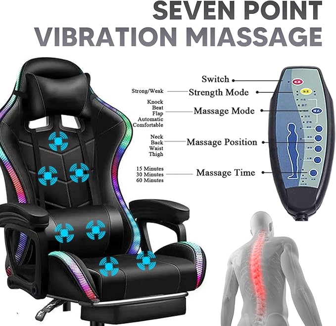 LED Gaming Chair Ergonomic Massage Racing Computer Chairs High Back Video Game Chairs with Speakers PU Leather with Footrest Headrest Lumbar Support Office Desk Chair for Adults TeensPink