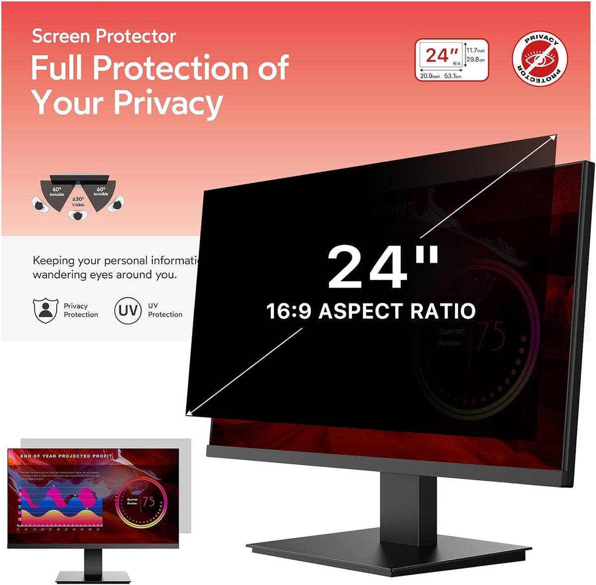 bersem 24 inch Removable Computer Privacy Screen Filter for 16:9 Ratio Monitor, Anti-Spy, Anti-Glare, Anti-Scratch, UV-Blocking