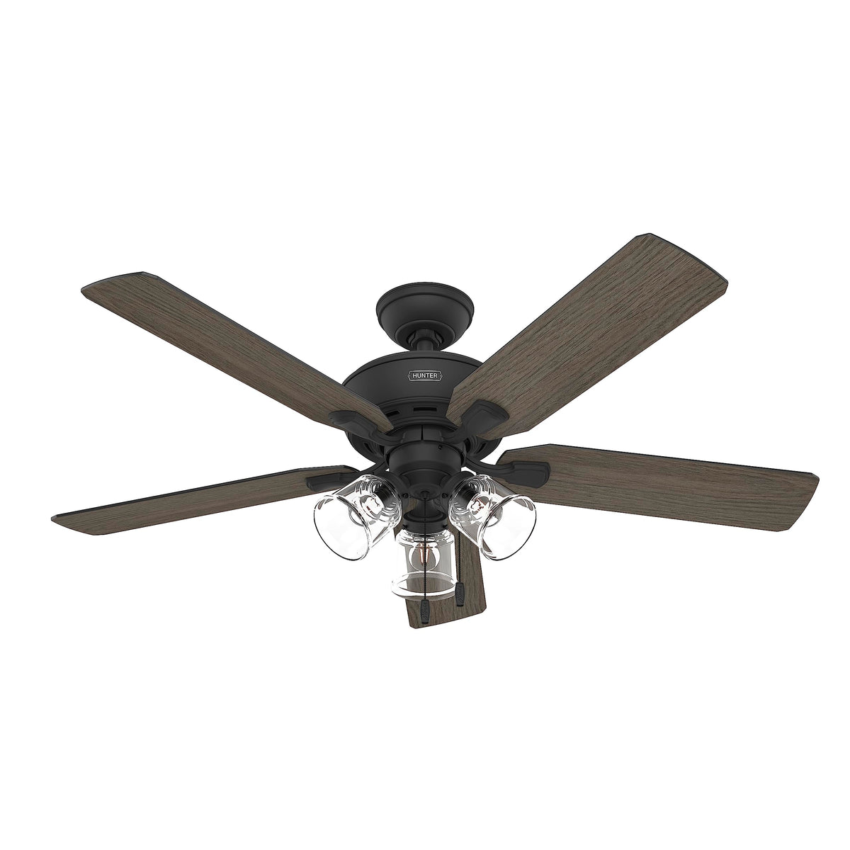 Hunter 52 inch Indoor Ceiling Fan with LED Lights and Pull Chain - Standard Mount Black Ceiling Fan, 5 Blades, For Bedroom, Livi