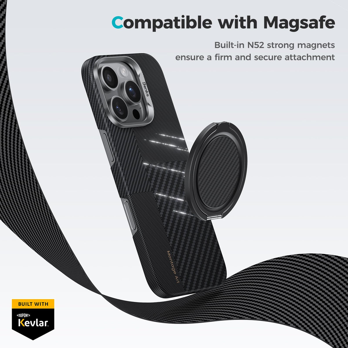 BENKS ArmorPop Magnetic Phone Grip & Stand for MagSafe, 360° Rotation Adjustable Phone Ring Holder for iPhone 17/16/15/14/13/12 Series, Durable Kevlar Design
