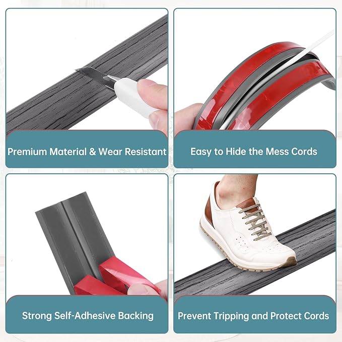 Floor Cord Cover Self Adhesive Cord Hider Floor Extension Cord Covers for Floor Power Cord Protector Cable Management Prevent Cable Trips Cable Cavity 0.32" W x 0.32" H (Deep Grey Wood, 3.3Ft)
