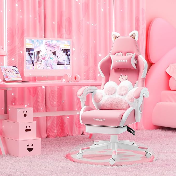 Pink Cute Cat Gaming Chair with Paw Lumbar Cushion Ergonomic High-Back Gamer Chair for Boys and Girls Adjustable PC Video Game Chair for Bedroom Study Home Office