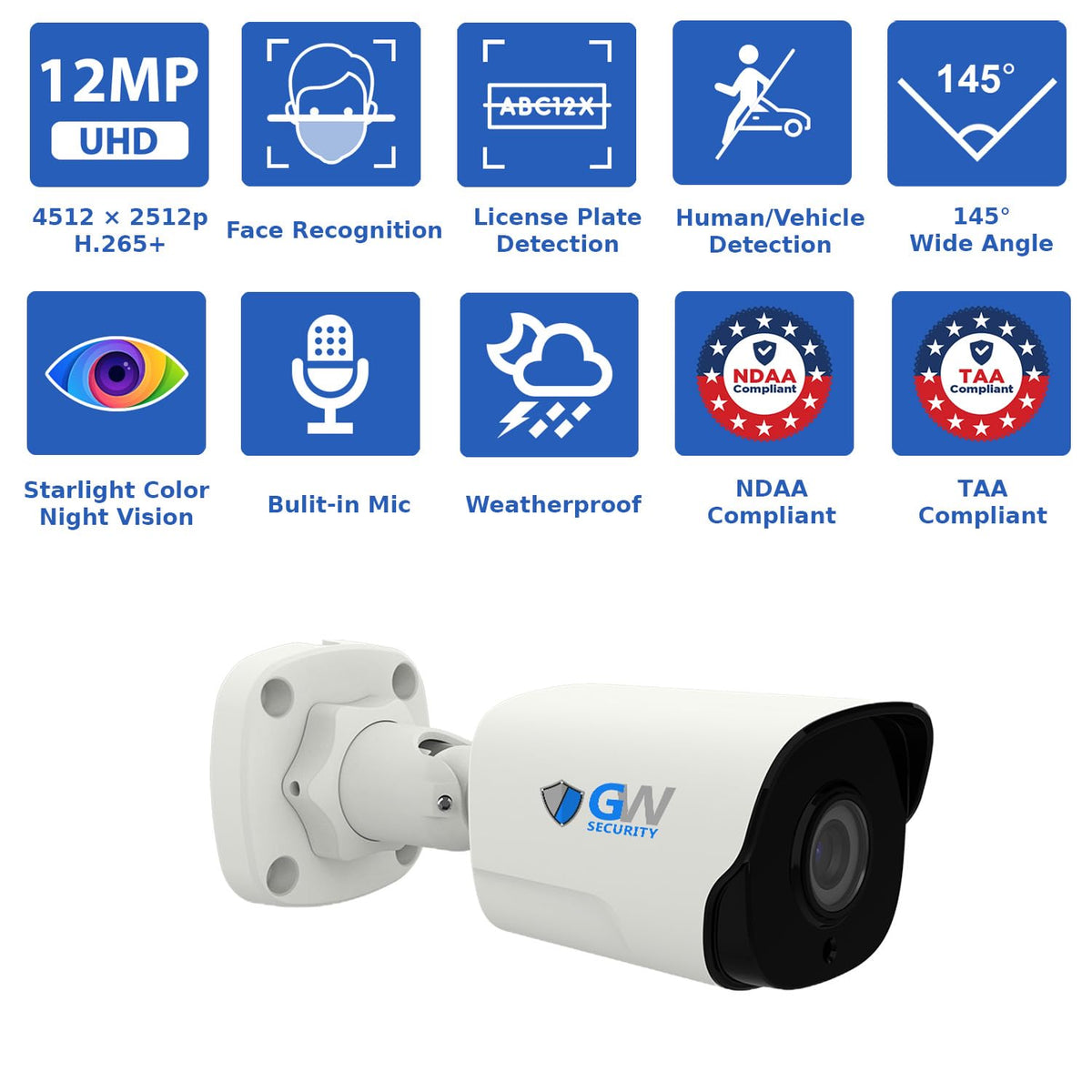 GW Security 16 Channel NVR UltraHD 12MP 4K @30FPS Face/Human/Vehicle Detection PoE Security Camera System with 12 x 6K 12MP Microphone Smart AI Bullet