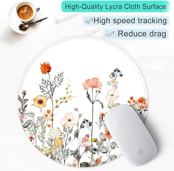 ITNRSIIET Round Mouse Pad with Stitched Edge Premium-Textured Waterproof Non-Slip Rubber Base Desktop Protection Mat Diameter 8.7 inches, Wildflowers