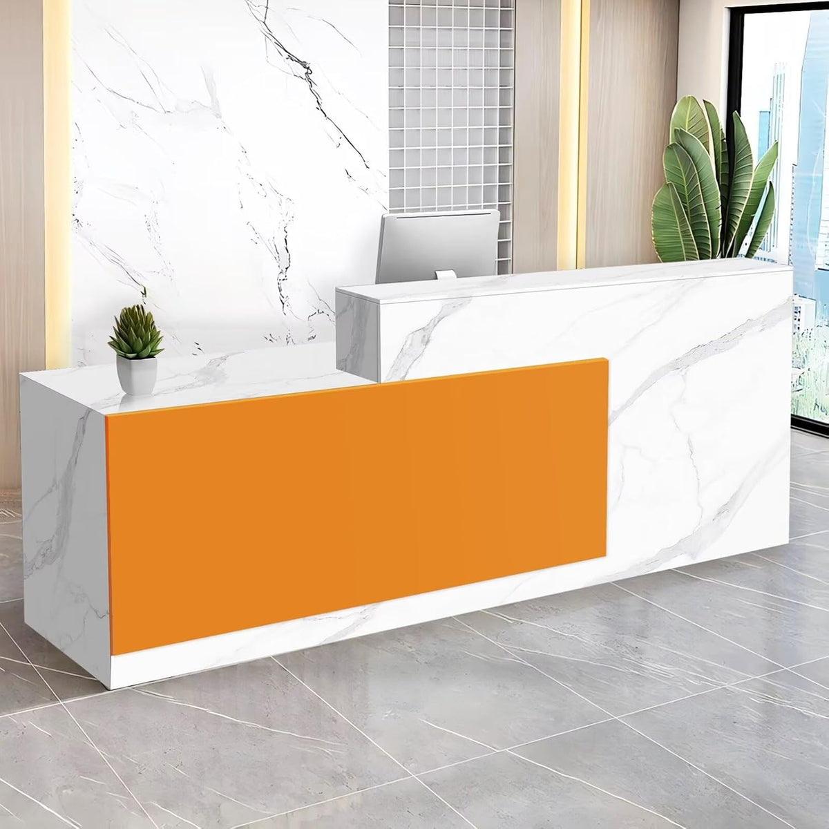 Reception Desk with Counter Modern Checkout Counter with Lockable Drawer Keyboard Tray Receptionist Desk for Office Salon Reception Table U Left 71inch/180cm
