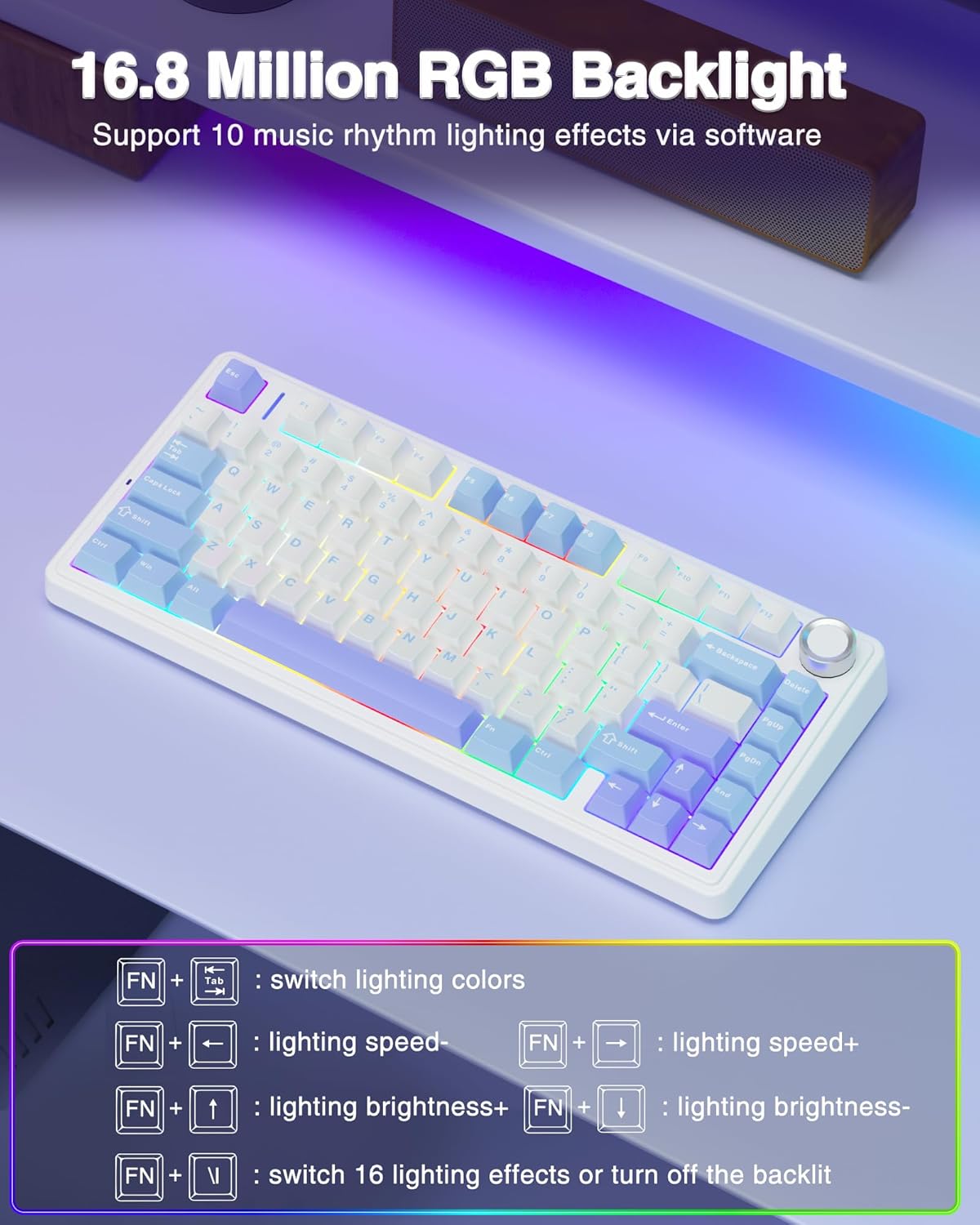 AULA F75 75% Wireless Mechanical Keyboard, Hot Swappable Creamy Keyboard, Pre-lubed Star Vector Switches RGB Backlit Gaming Keyboards, 2.4GHz/Type-C/BT5.0(White&Blue&Purple)