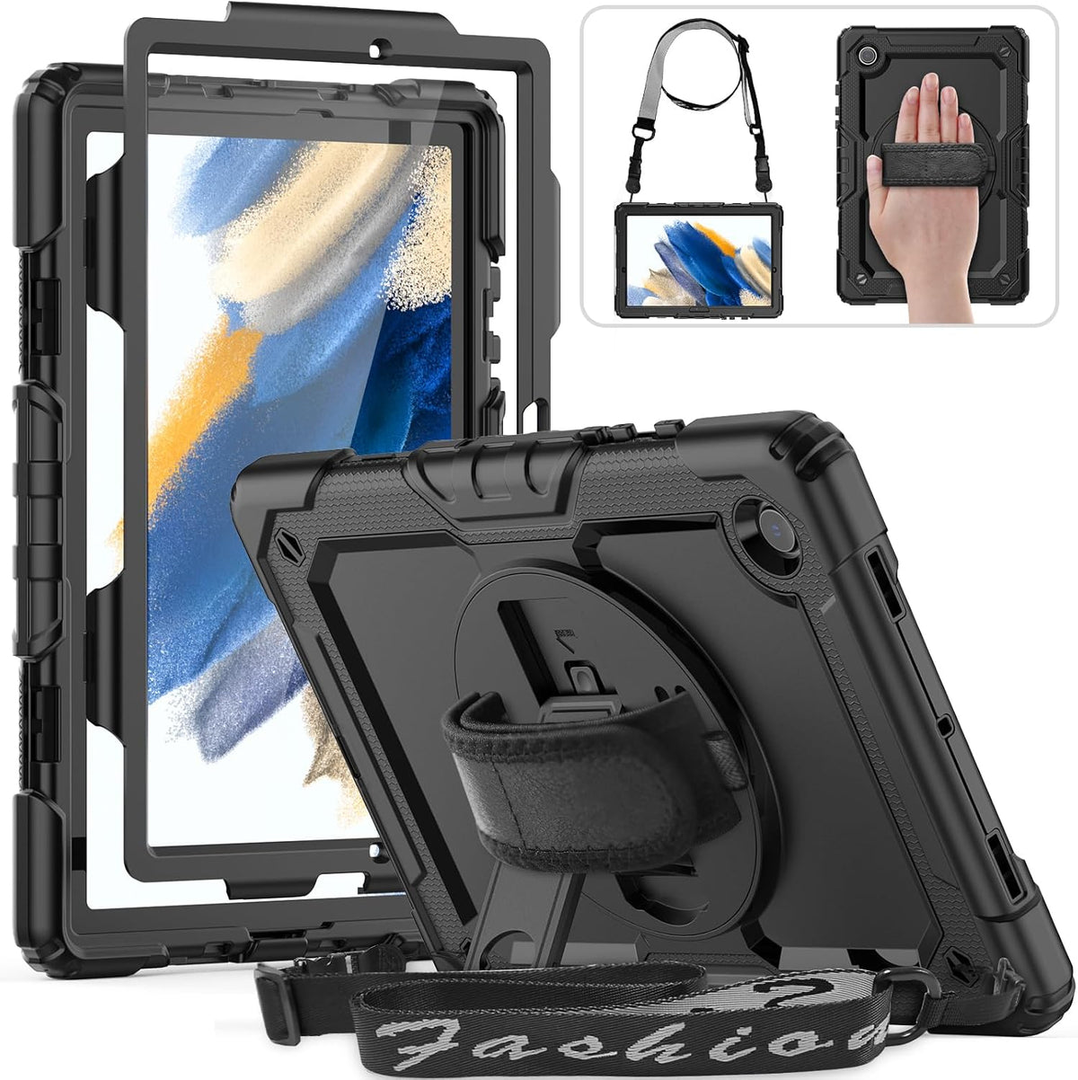 HXCASEAC Case for Samsung Galaxy Tab A8 10.5 inch, Protective with Screen Protector/Hand Strap/Pen Holder, Sturdy Shockproof A8 Tablet Case 2022 SM-X200/X205/X20 - Black