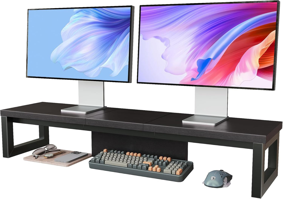 HEWORLIF Dual Monitor Stand Riser, Wood and Steel Monitor Stand for Desk, Multi-Purpose Desk Shelf Organizer