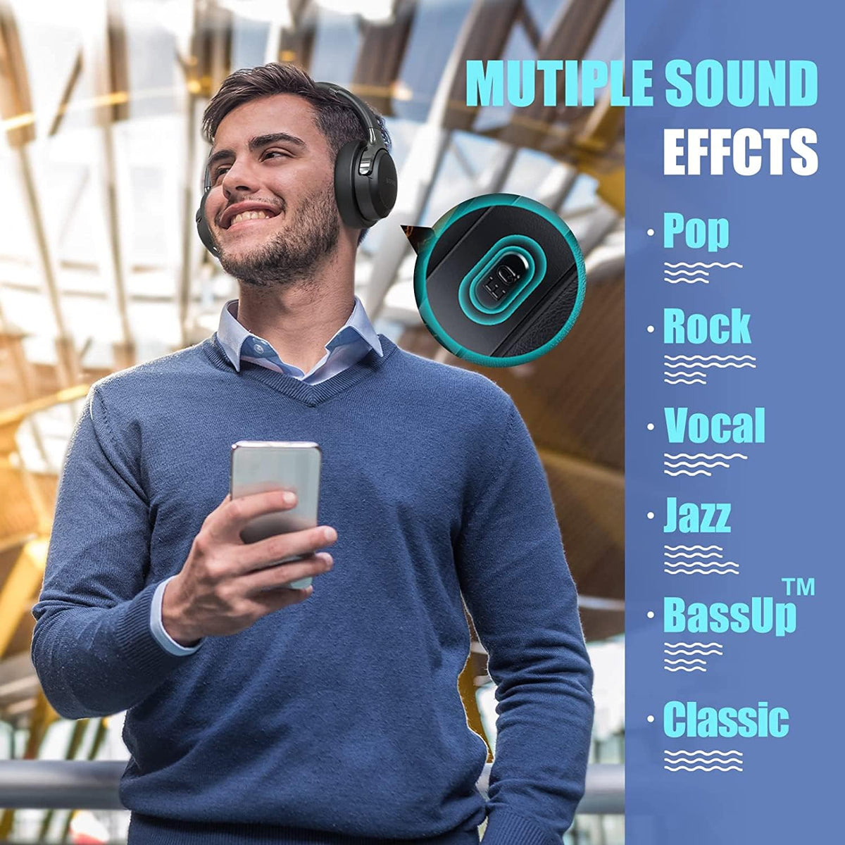 BERIBES Bluetooth Headphones Over Ear, 65H Playtime and 6 EQ Music Modes Wireless Headphones with Microphone, HiFi Stereo Foldable Lightweight