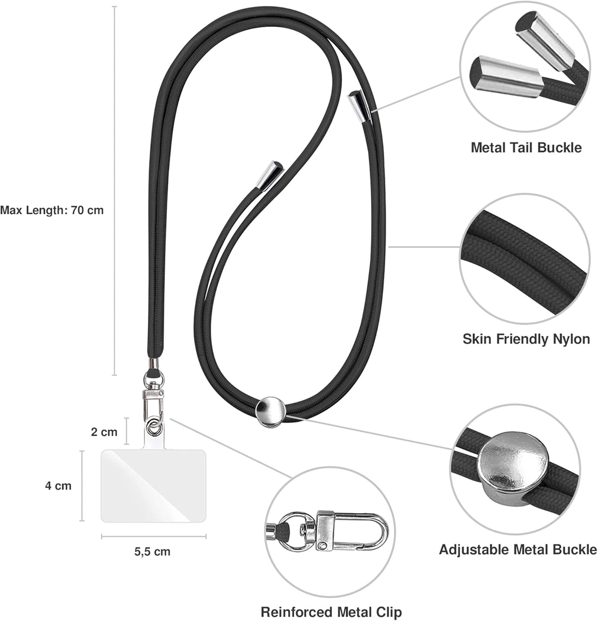 T B O C Cell Phone Lanyard [Black] - Comfortable Universal Smartphone Lanyard - Easy to Use Neck Phone Holder [Clear Patch] - Adjustable Length Phone Strap Crossbody - Fits All Mobile Phones