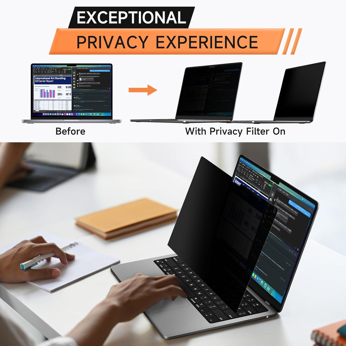 Privacy Screen for MacBook Pro 16 Inch (2021-2024, M1, M2, M3, M4, Pro, Max), Matte Anti Glare Blue Light Filter, Nano No Glue Anti Spy Black Protector for Mac Pro 16In Laptop