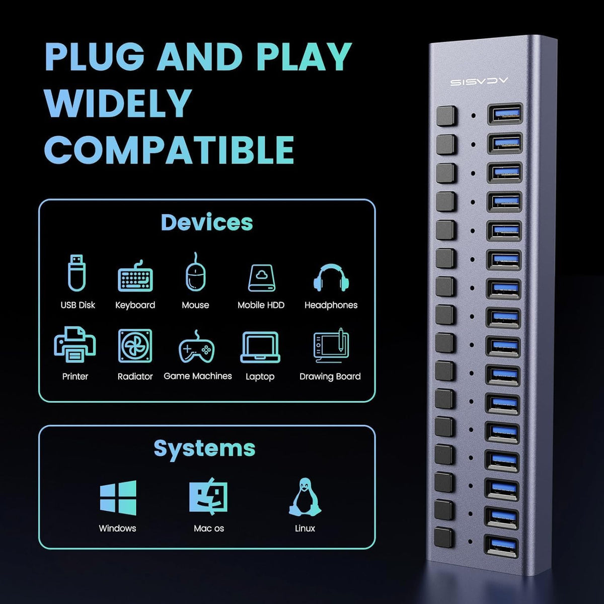 90W Powered USB Hub - ACASIS 16 Ports USB 3.0 Data Port, Aluminum Housing, Individual On/Off Switches, 12V/7.5A Power Adapter, USB Splitter for Laptop, PC, Computer, Printer