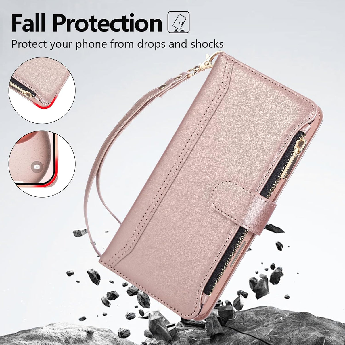 Compatible with iPhone 16 Pro Wallet Phone Case-PU Leather Magnetic Flip Cover with Credit Card Slots,Zipper Pocket & Detachable Wrist Strap,Shockproof Design,for Women and Men-Pink