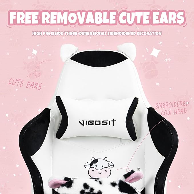 Cute Cat Gaming Chair with Paw Lumbar Cushion PC Video Gamer Chair for Girl Teen Woman (Black White)