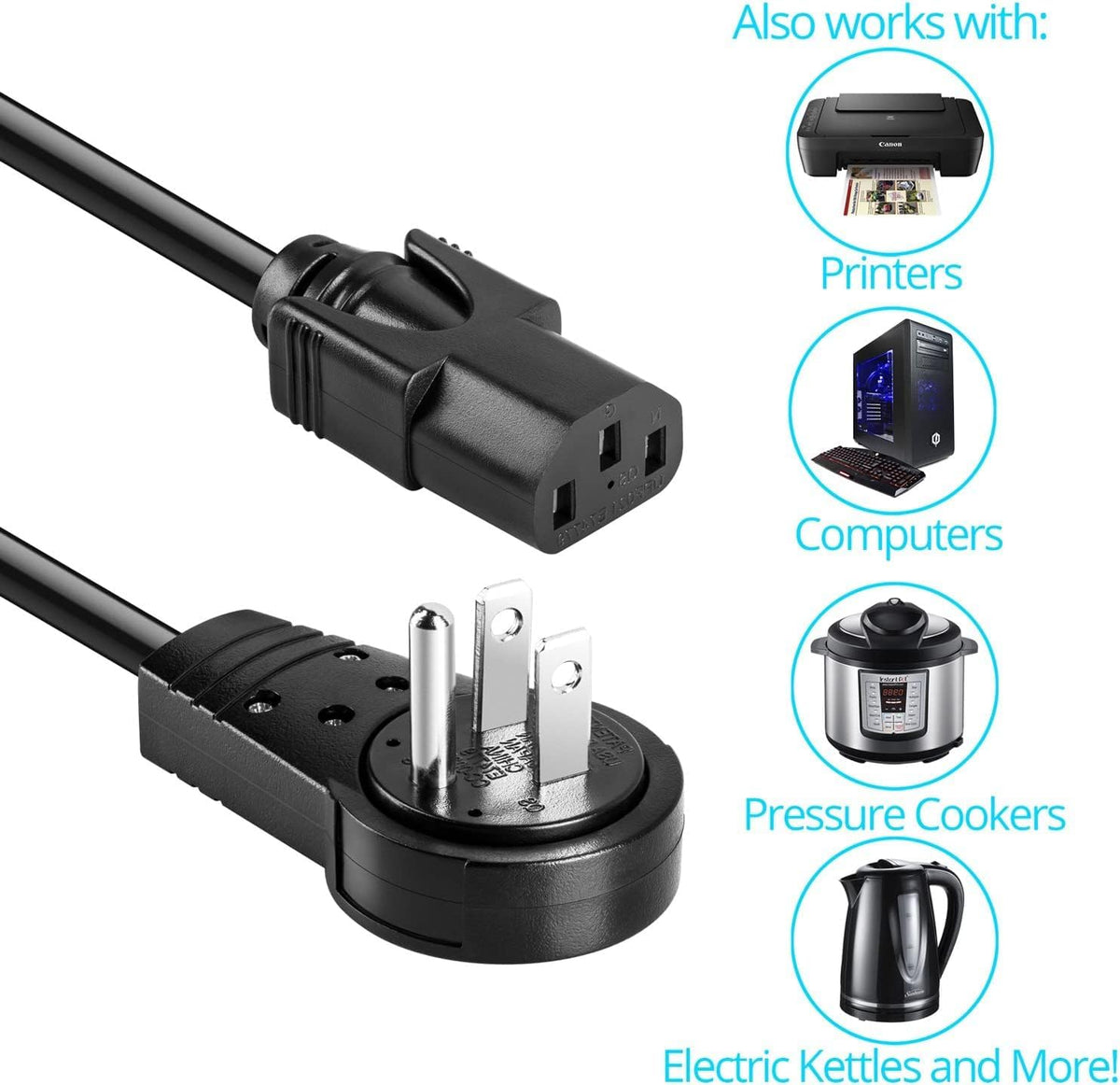 Maximm Monitor Computer Power Cord 8 Ft Flat Plug 360° Rotating PC Cable 3 Prong for, Desktop, Printer, Scanner, 16 AWG NEMA 5-15P to IEC13 - UL Certified