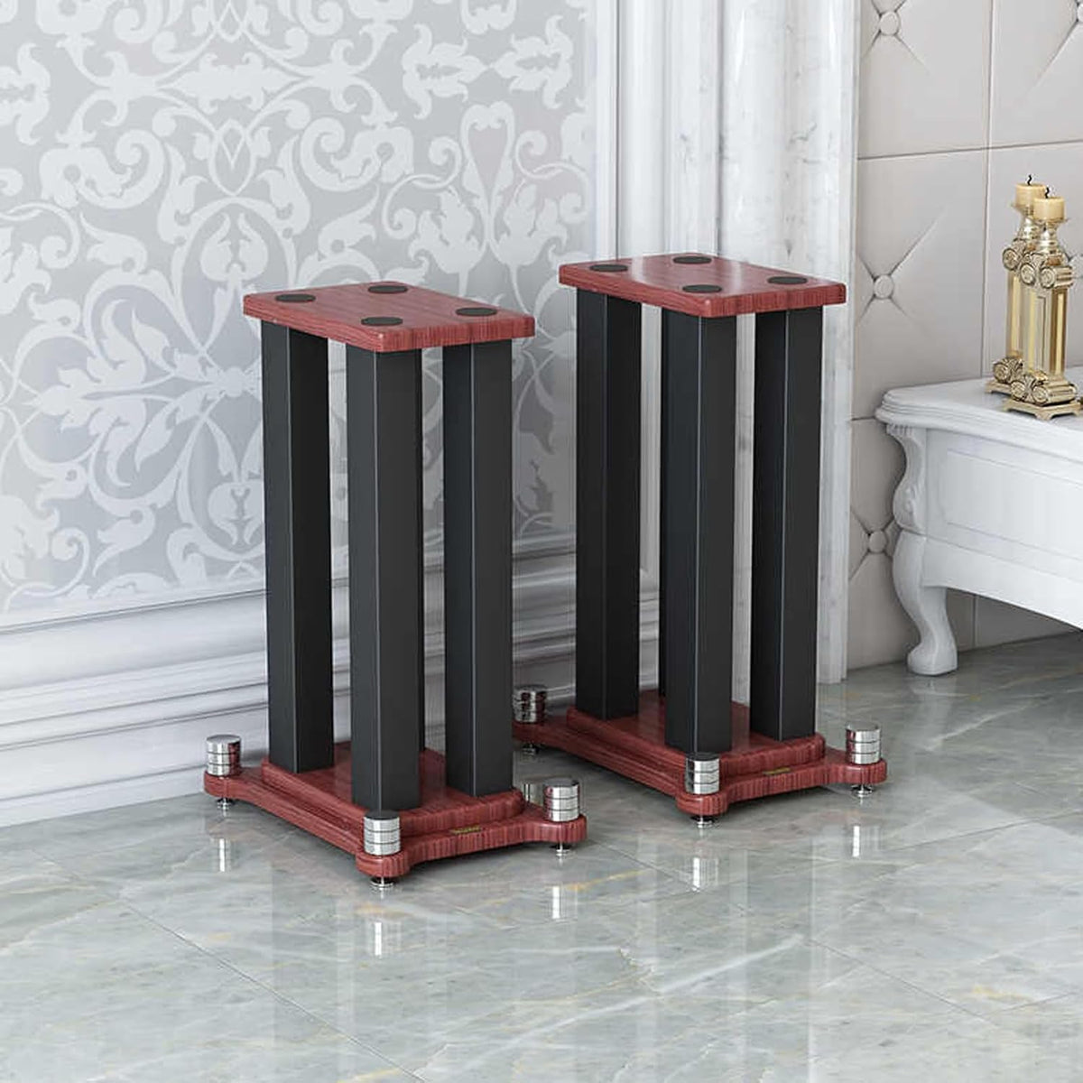 A Pair of Universal Speaker Stands, Heavy Duty Speaker Stands Holds Bookshelf Speaker Satellite Speaker Large Speaker, Vibration-Absorbing MDF Design, Holds 88lbs Speaker (Teak, 80cm/31.4in)