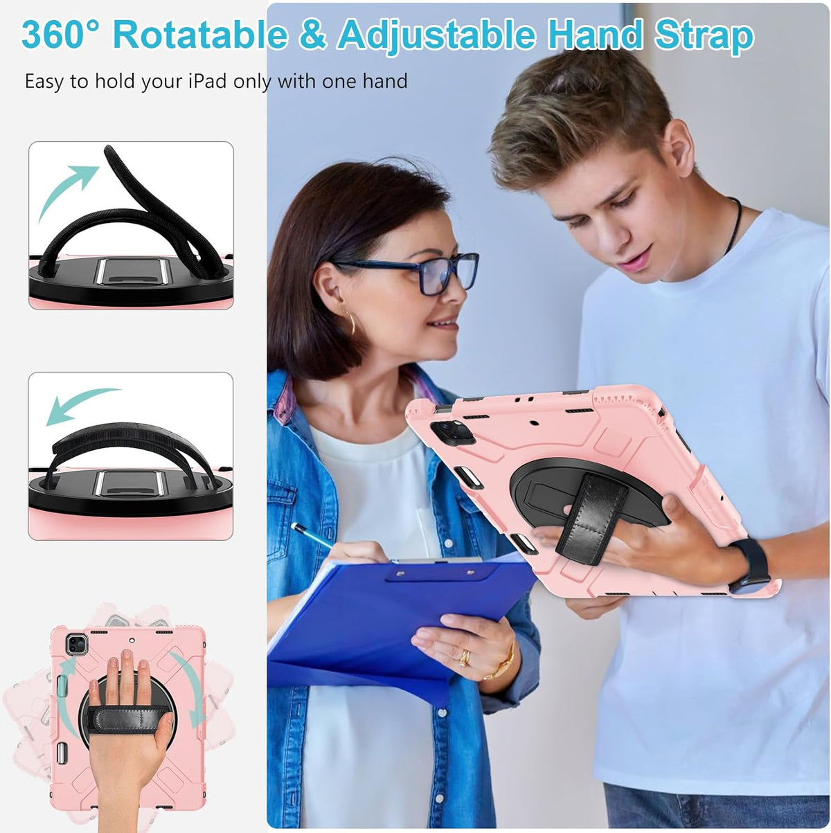 Case for iPad Pro 12.9 2022/2021/ 2020/2018: Cover for iPad Pro 12.9 6th/ 5th/ 4th/ 3rd Generation with Screen Protector- Stand- Pencil Holder- Handle- Shoulder Strap Pink