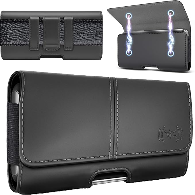 Wireless City Leather Phone Holster for iPhone 17/17 Pro 16/16 Pro/16e 15/15 Pro 14/14 Pro 13/13 Pro 12/12 Pro 11 XR Horizontal Belt Clip & Loop Phone Pouch Magnetic Closure Phone Holder for Men Black