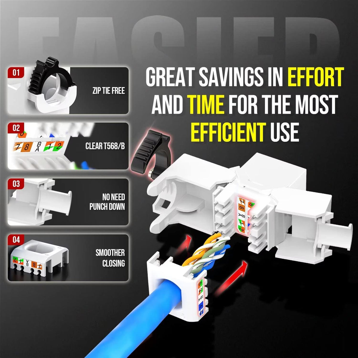 AMPCOM CAT6 RJ45 Keystone Jack - Reusable UTP Ethernet Wall Jack with Adjustable Ratchet Lock Design, No Tool and Zip Tie Required - 50u Gold Plated - White (12-Pack)