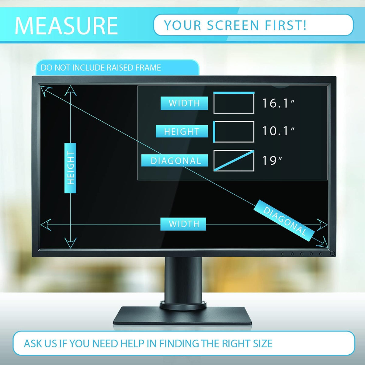 Privacy Screen Filter for 19 inches Desktop Computer Monitor, Screen Protector size is 16.1 inch width x 10.1 inch height. Anti Blue Light and Anti Glare