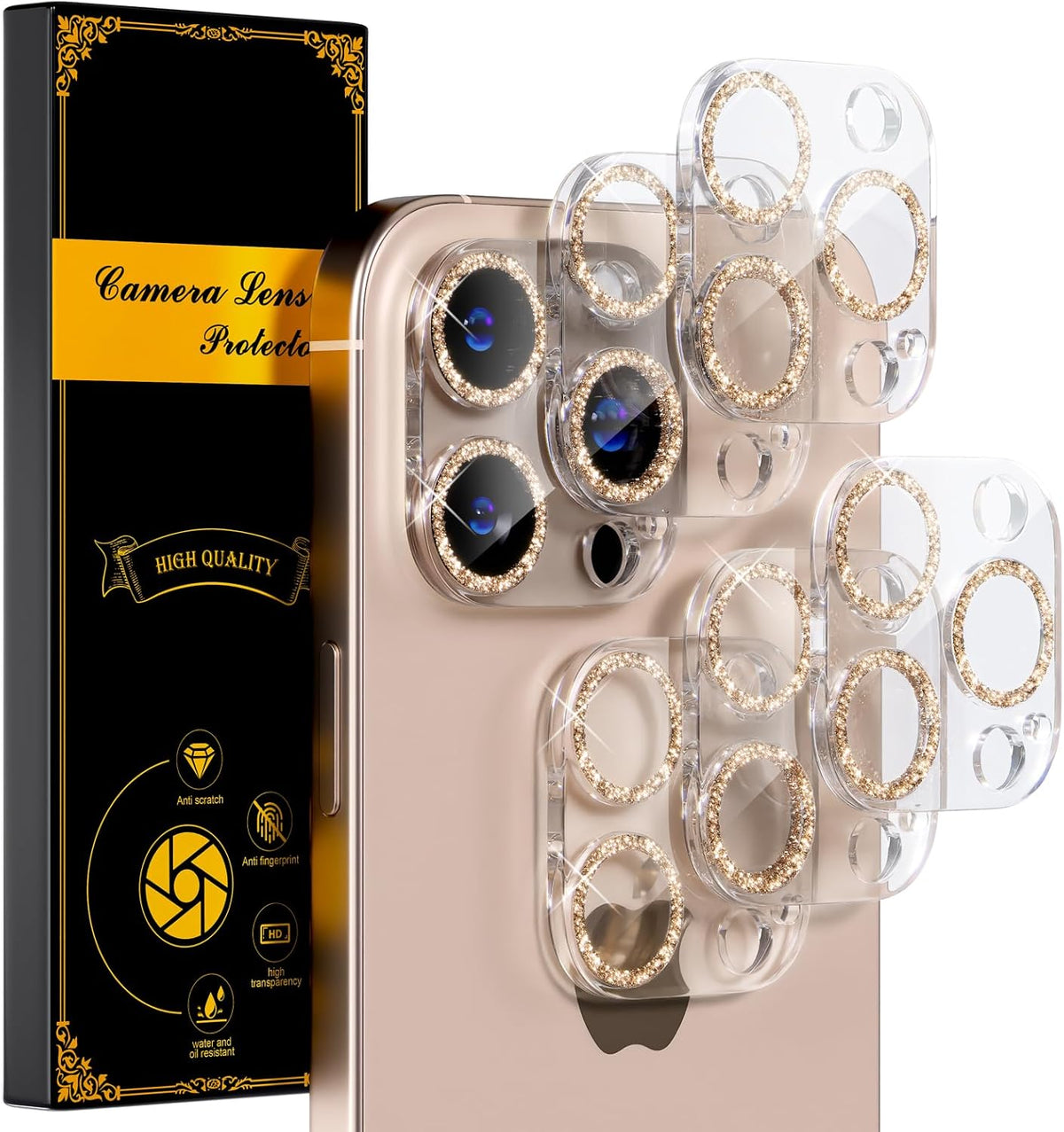 beuxece for 6 Pack iPhone 16 Pro/iPhone 16 Pro Max Camera Lens Protector [Drop Protection] [Case Friendly] [Easy Installation] 9H Tempered Glass Camera Screen Protector Cover, Glitter Gold