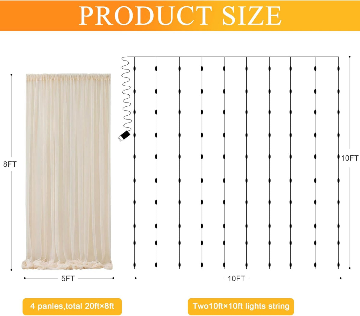 20FT 8FT (4 5x8FT) Fomcet Tulle Curtains with Lights String Champagne X Sheer Backdrop Curtains for Parties Wedding