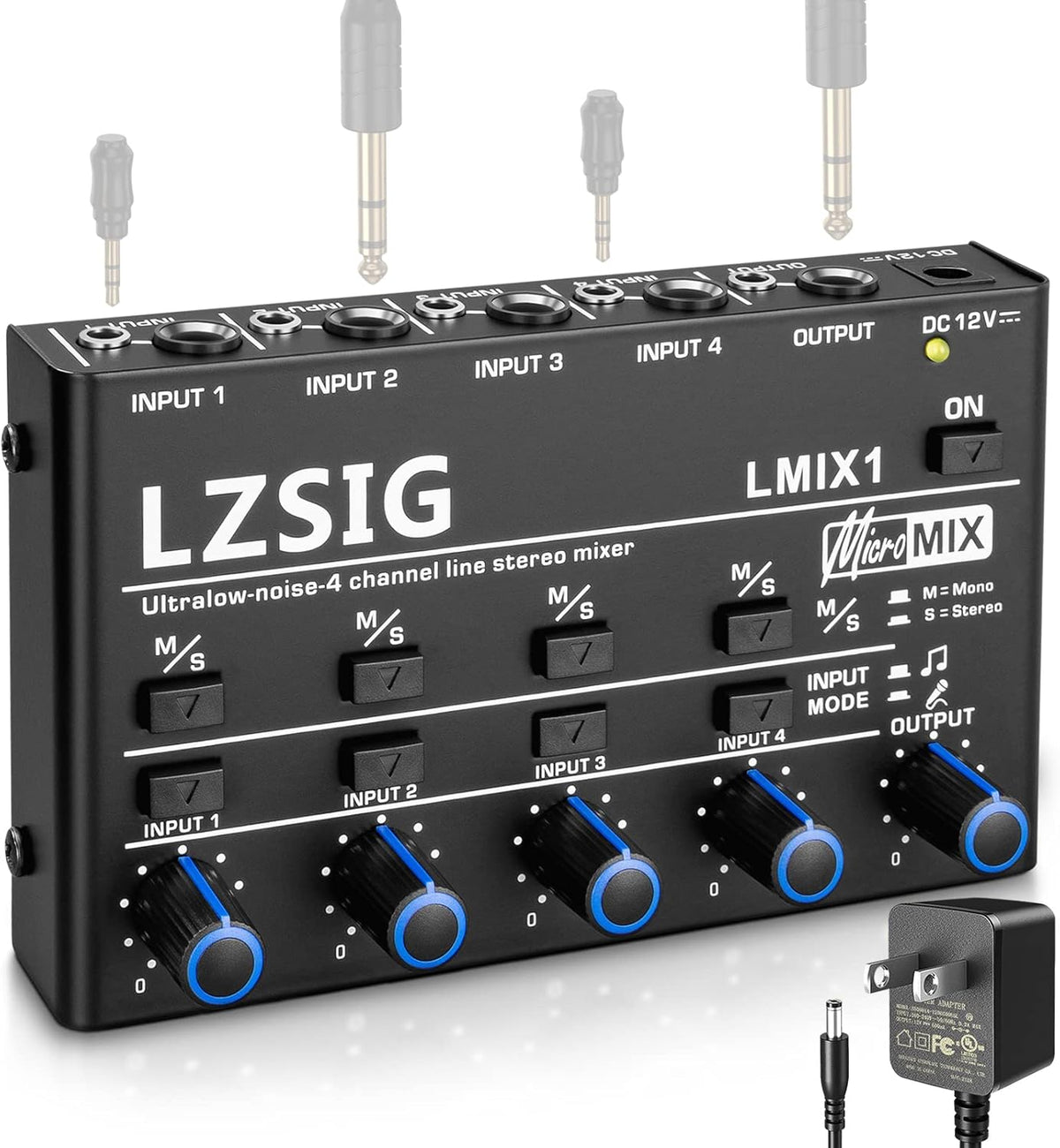 LZSIG Mini Audio Mixer, Stereo Line Mixer for Sub-Mixing, Ultra Low-Noise, 4-Channel, Dynamic Microphone Independent Control, 1/4" & 1/8" TRS Output and Input for Guitars,Bass,Keyboards