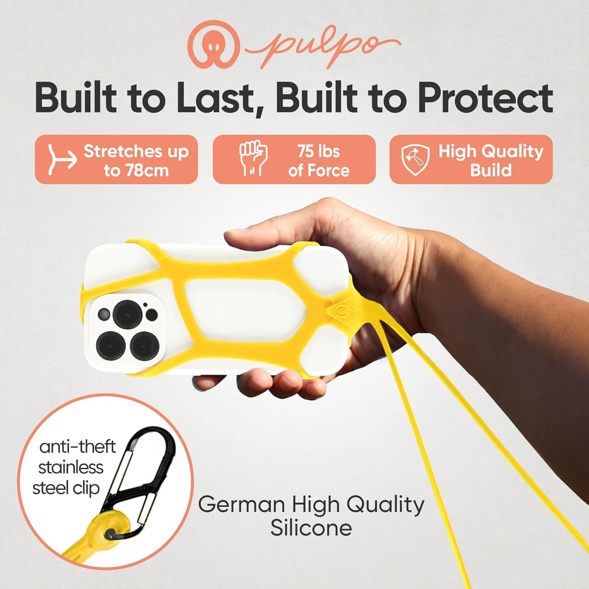 Pulpo Safety Cell Phone Lanyard Yellow Fits Smartphones 6.1" to 6.8” - Anti Theft Phone Strap for Men & Women, Lanyards for Phones, Hiking Phone Holder & Cellphone Lanyard,Silicone Crossbody Straps