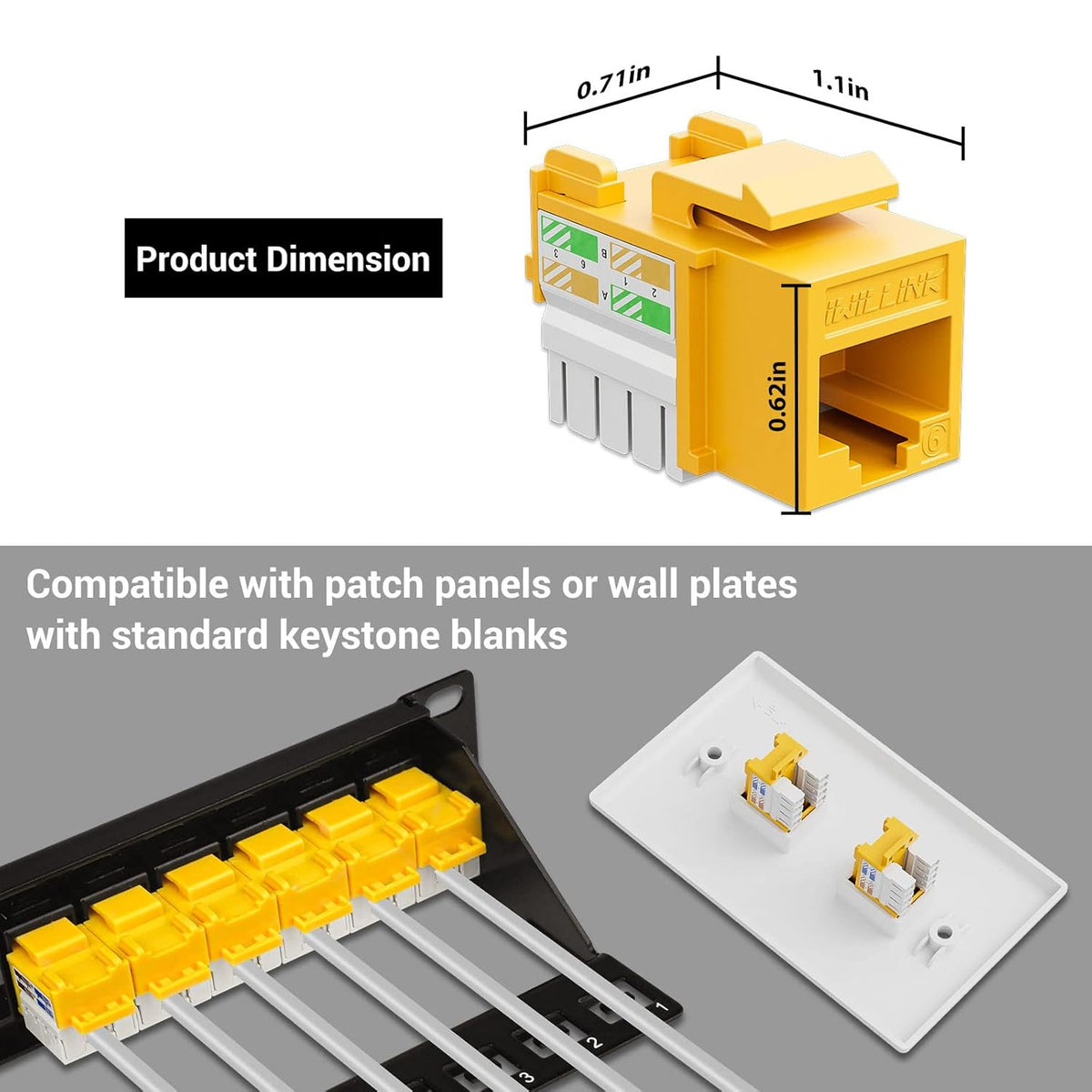 iwillink 10Gbps Cat6 Keystone Jack 10-Pack, RJ45, 90-Degree Ethernet Coupler, Punch Down Adapter (Yellow)