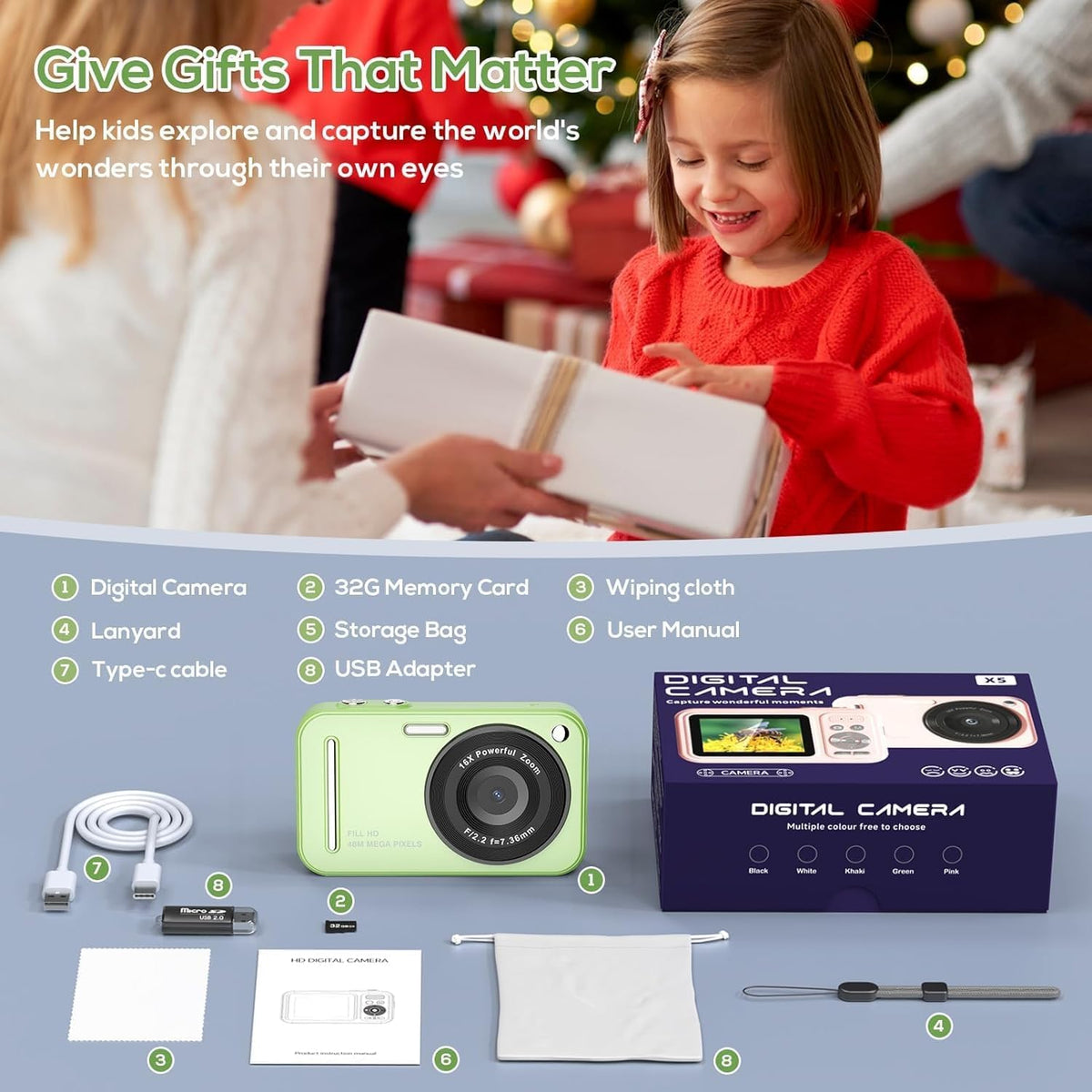 HILDCROA 48MP 1080P 16X Digital Camera for Kids, FHD Point and Shoot Digital Cameras with Zoom Anti-Shake, Compact