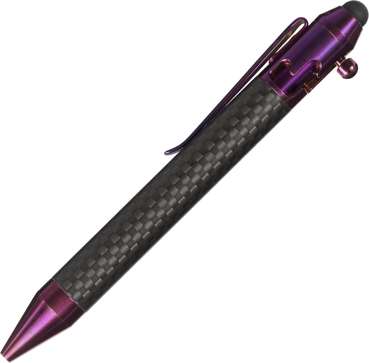 Cool Hand 4.9'' Carbon Fiber Bolt Action Pen with Retractable Stylus Tip for Any Touch Screen, Ballpoint Ink Refillable, Compact Size, Skelton Out Deep Pocket Clip (Carbon Fiber Purple)
