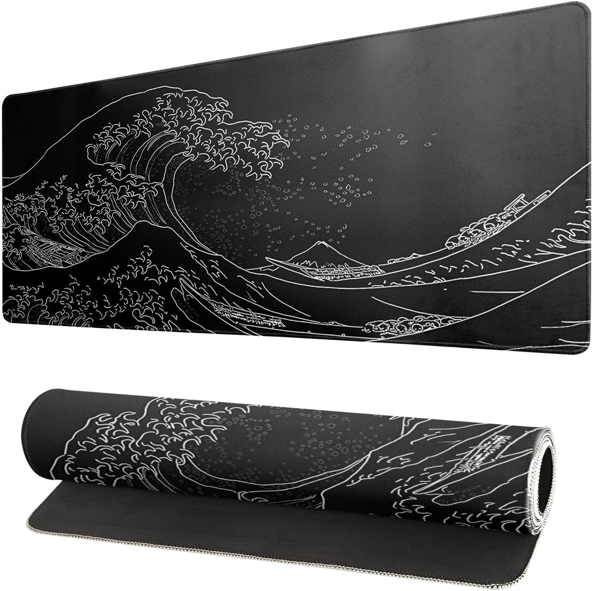 Japanese Gaming Mouse Pad Abstract Black Mouse Pad 31.5x11.8 Inch Black Sea Wave Texture Non-Slip Rubber Base Large Ocean Mousepad Stitched Edges Keyboard Mouse Mat Desk Pad for Office and Home