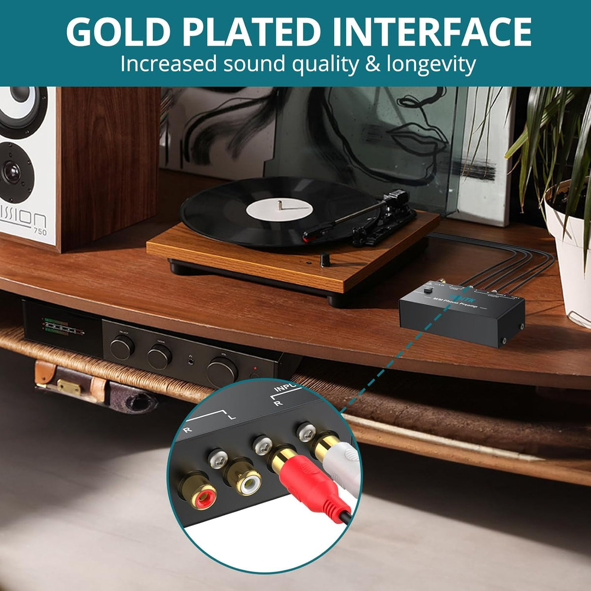 6.35MM MM 12V Phono Turntable Preamp, Mini Preamplifier with RCA Input & Headphone and RCA Output, Low Noise Operation