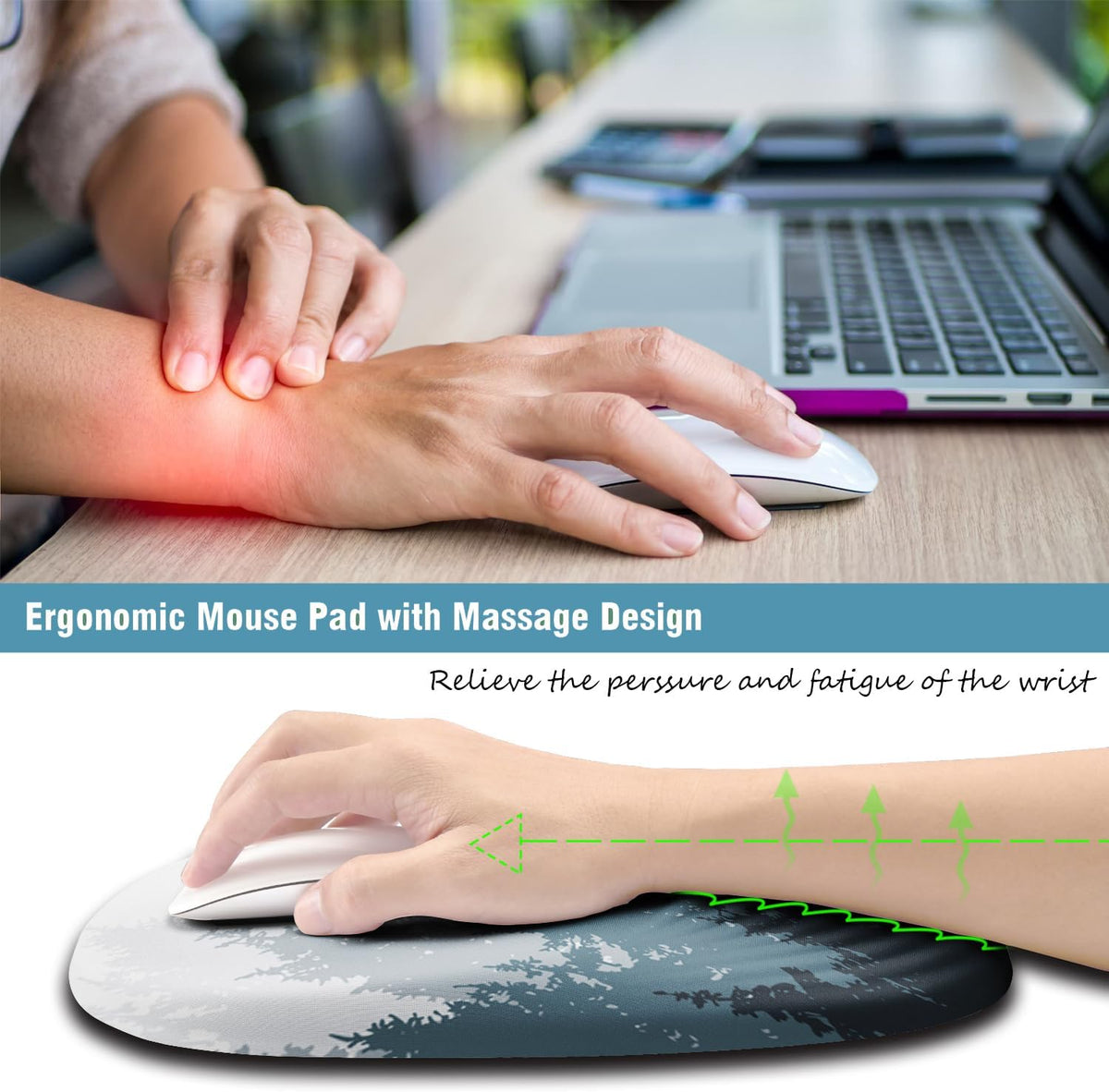 Ergonomic Mouse Pad Wrist Support, Mouse Pad with Wrist Rest, Memory Foam Massage Design & Non-Slip PU Base MousePads for Pain Relief, Desk, Office, Home, Forest Tree