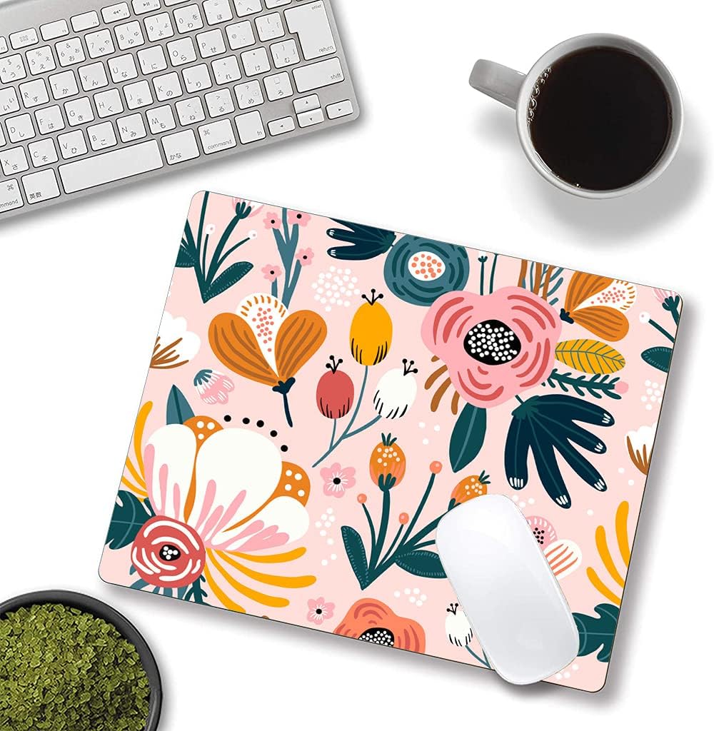 Pink Cute Flower Mouse Pad, Floarl Mouse Pad Custom Design, Square Waterproof Mouse Pad Non-Slip Rubber Base MousePads for Office Laptop, 9.5x7.9x0.12 Inch