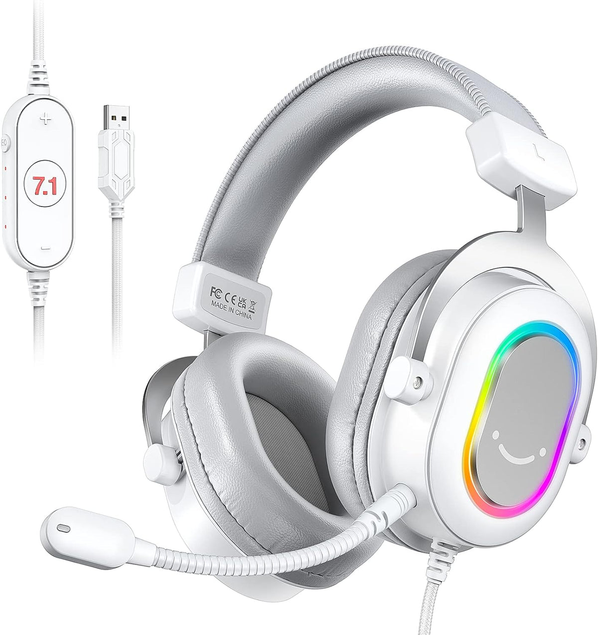 FIFINE USB Gaming Headset, PC Headphones Wired with Microphone for Computer/Laptop, Over-Ear RGB Headset with 7.1 Surround Sound, Noise Cancellation for Streaming Video Game- AmpliGame H6 (White)