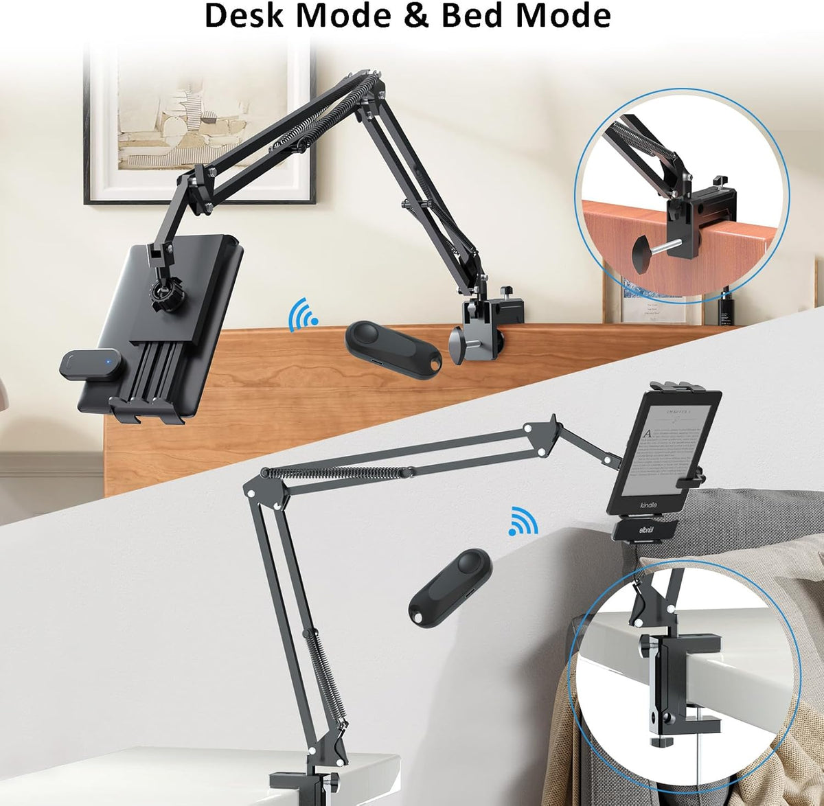 Tablet Holder for Kindle Reading in Bed with Remote Page Turner, Easy Adjust Hands Free Lazy Arm Mount for Kindle Accessories, Gifts for Readers